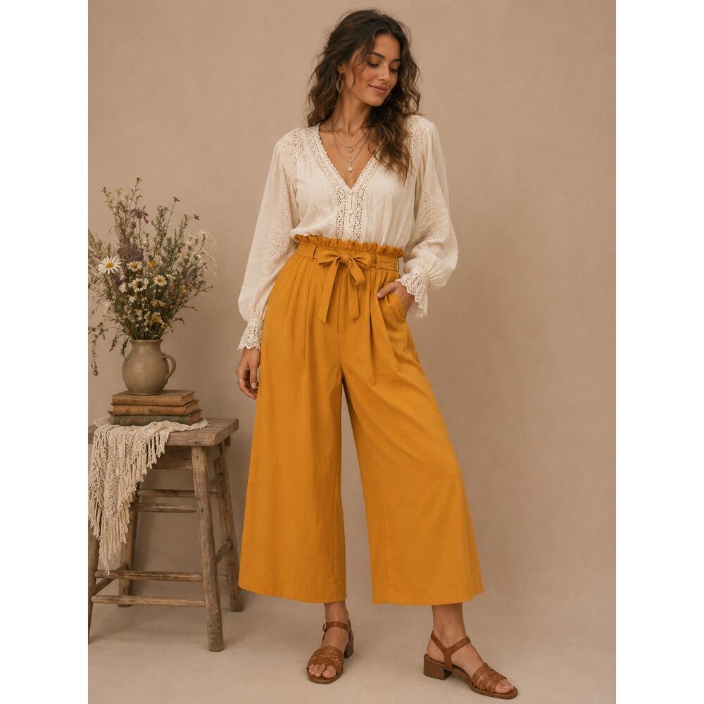 SOHO Wide Leg Paperbag Tie Waist Crop Pants Large Boho Luxury